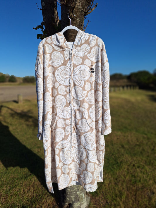 Beige adult zipper towel jacket – beach and swim cover-up, cotton fabric.