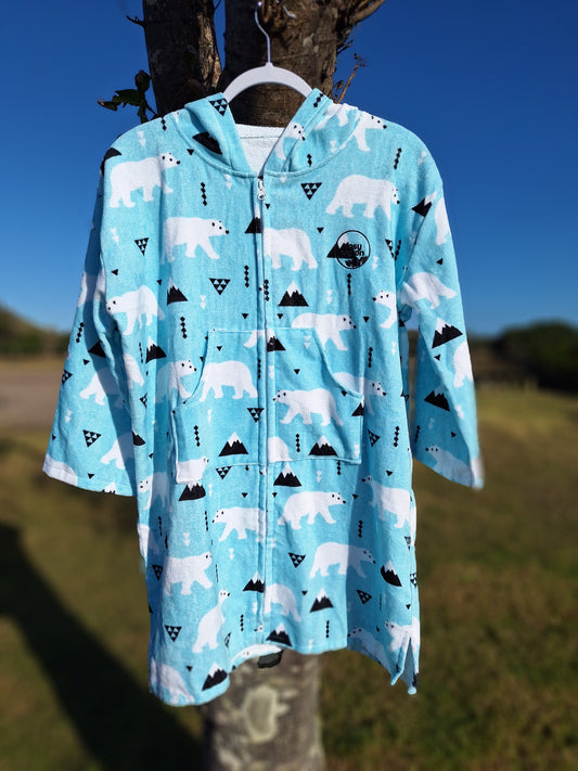 Australian-designed kids wearable towel jacket – coastal style in 100% cotton.